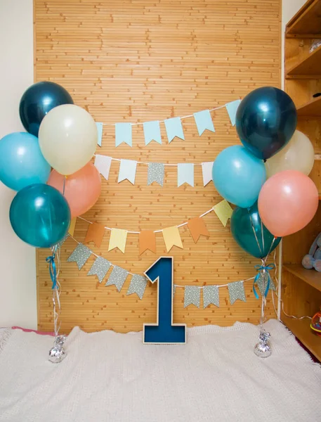 Balloons Paper Garlands Wooden Number Photo Zone Year Old Child — Stock Photo, Image