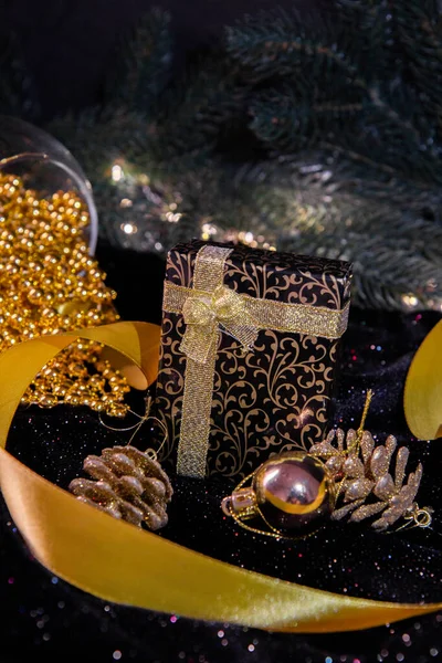 christmas tree and gift and golden decorations