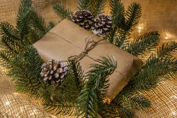 Christmas Gift Kraft Paper Next Tree — Stock Photo, Image