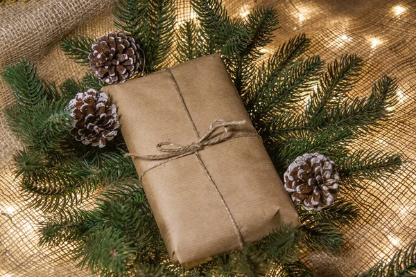 木の横のクラフト紙のクリスマスプレゼント — ストック写真