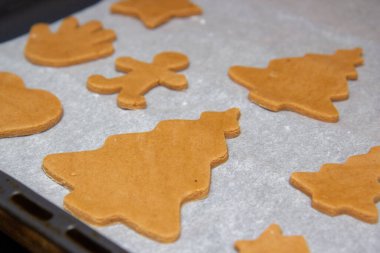 Kurabiye tepsisindeki beyaz parşömen üzerinde zencefilli ekmek.