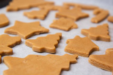 Kurabiye tepsisindeki beyaz parşömen üzerinde zencefilli ekmek.