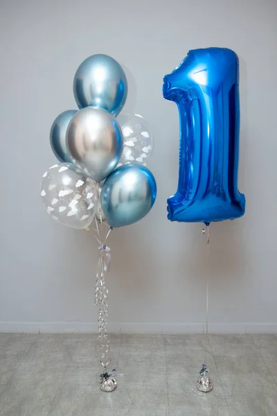 Set Van Blauwe Helium Ballonnen Folie Figuur Ballon Nummer Een — Stockfoto