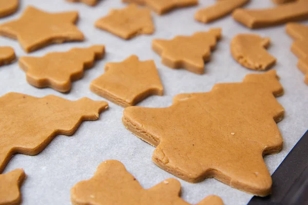 stock image christmas gingerbread on a white parchment on a baking sheet