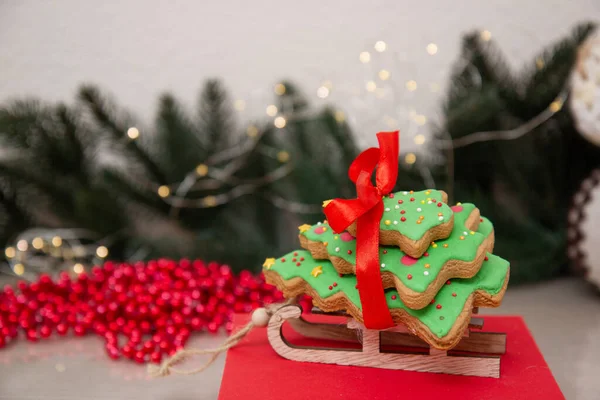 Gingerbread Christmas Trees Wooden Sled — Stock Photo, Image