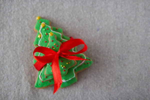 Set Christmas Gingerbread Red Satin Ribbon — Stock Photo, Image