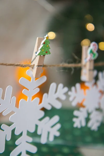 Christmas Garland Snowflakes Wooden Clothespins — Stock Photo, Image