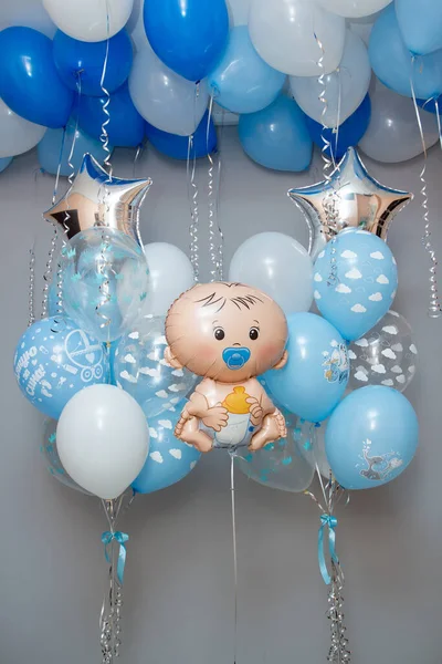 Niebieskie Balony Dla Narodzin Chłopca Balon Dziecka — Zdjęcie stockowe