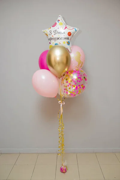 Rózsaszín Arany Lufik Egy Lány Felirat Léggömb Boldog Születésnapot — Stock Fotó