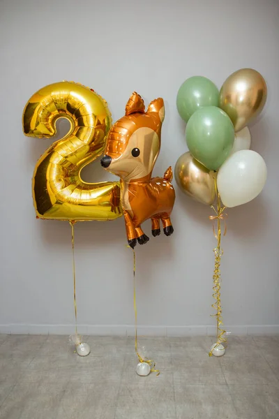 golden balloons, deer, golden number 2