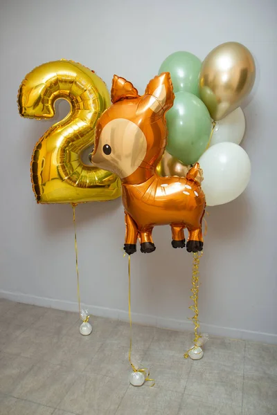 golden balloons, deer, golden number 2