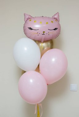 Kedi balonu, pembe ve altın krom balonlar.