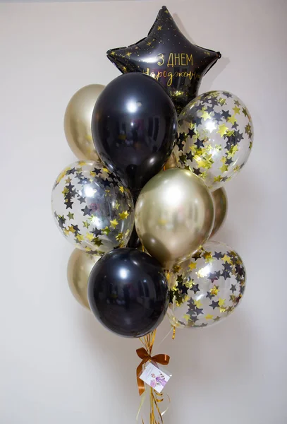 Set of golden black balloons, confetti balloons, birthday balloons