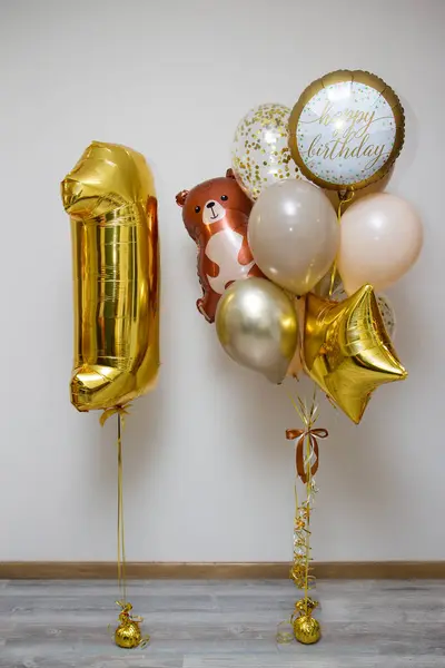 set of golden balloons with brown bear, toy bear helium balloon