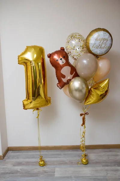 set of golden balloons with brown bear, toy bear helium balloon