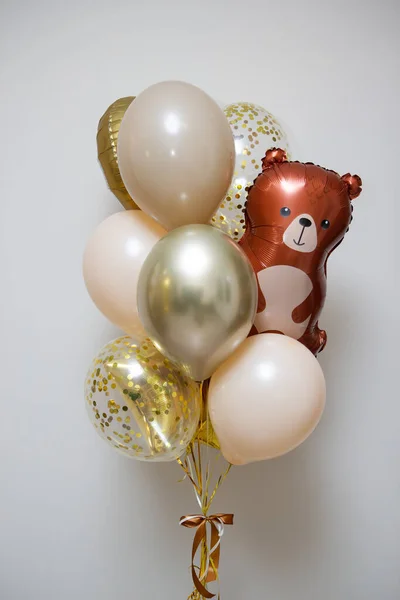 set of golden balloons with brown bear, toy bear helium balloon