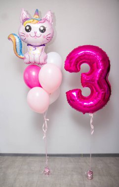 Pembe kedi balonları ve pembe folyo 3 numaralı balon, 3 yıllık balonlar.