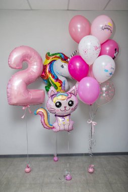 Partide bir sürü pembe helyum balonu, kedi şeklinde bir balon ve kirpi şeklinde bir balon.