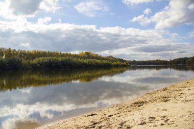 landscape sandy beach on the bank of the river Desna in Chernigov, dense forest behind the river clipart