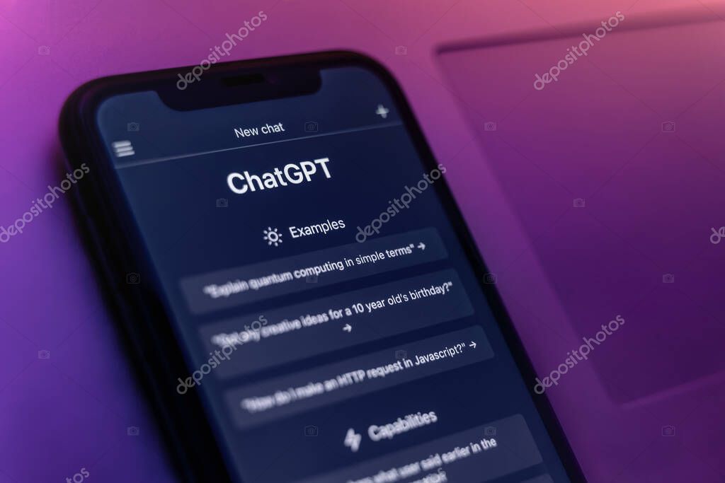 Antalya, Turkey - May 8, 2023: ChatGPT's chatbot interface, utilizing Open AI advanced artificial intelligence technology, is displayed in vibrant neon light on the smartphone. Copy space