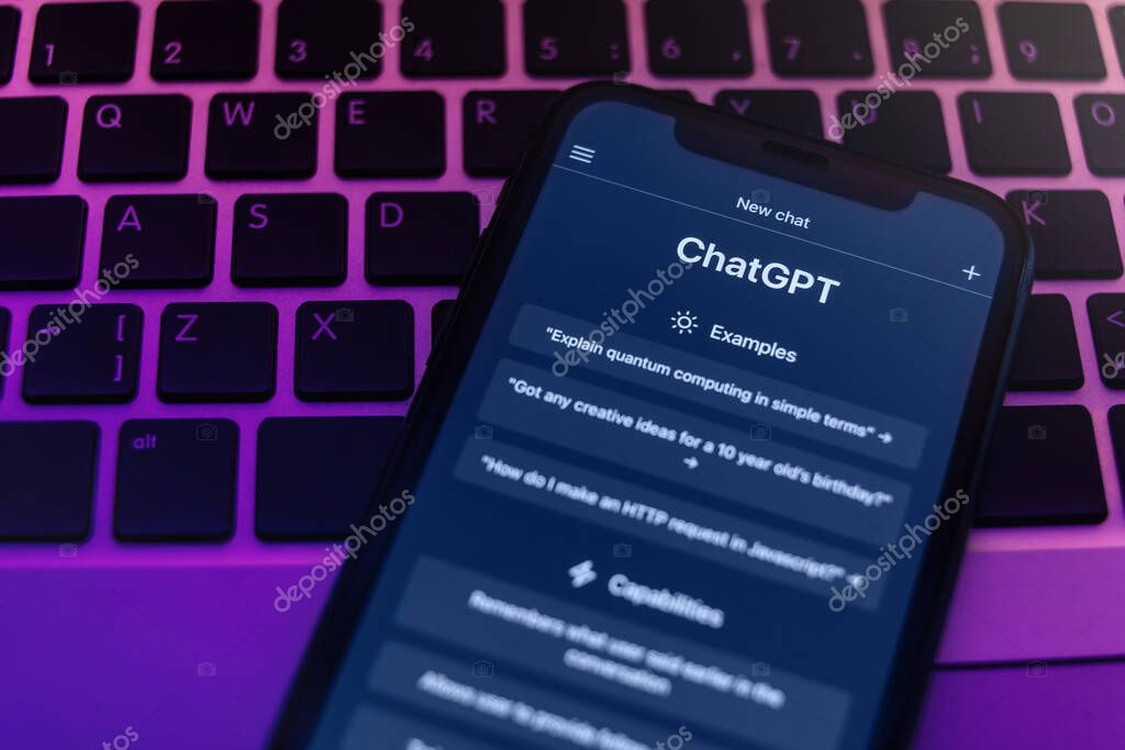 Antalya, Turkey - May 8, 2023: ChatGPT chatbot home page on a smartphone screen in neon light. ChatGPT chatbot is artificial intelligence language model created by Open AI company.