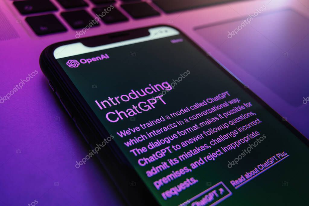 Antalya, Turkey - May 8, 2023: ChatGPT chatbot, powered by Open AI advanced artificial intelligence technology, is displayed on smartphone in neon light.