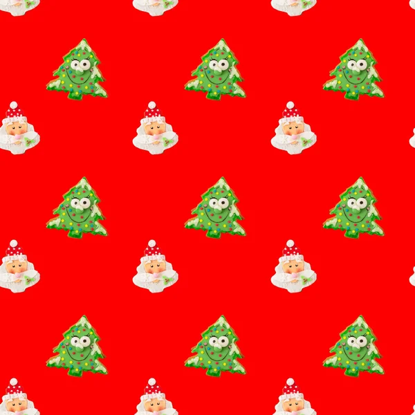 stock image Christmas seamless pattern with Santa Claus and Christmas tree on red background. 