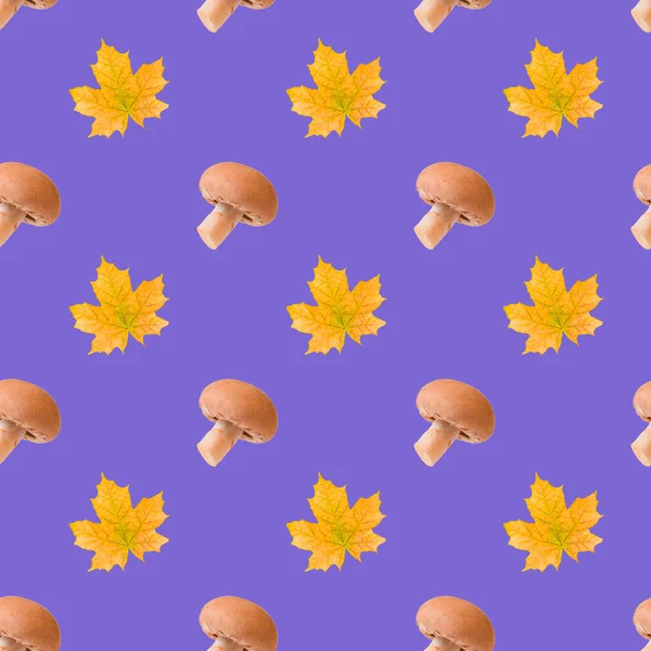 Mushroom and leaf autumn seamless pattern on purple background