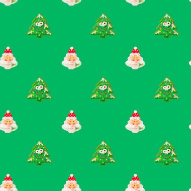 Noel ağacıyla zencefilli kurabiye ve yeşil arka planda Noel Baba, kusursuz desen.