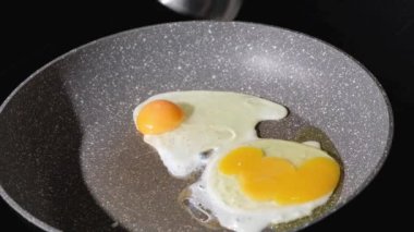 Elektrikli tuzla tuzlanmış kızarmış yumurtalı tava. Yüksek kaliteli FullHD görüntüler