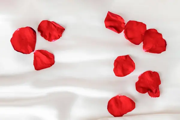 Gül yaprakları ile beyaz pürüzsüz saten arka plan. Romantik yatay kopyalama arkaplanı