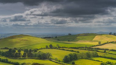Panoramik, yeşil tepeler ve otlaklarda otlayan sığır ve koyunların hava manzarası. Meath, İrlanda 'da Antik Loughgang Cairns