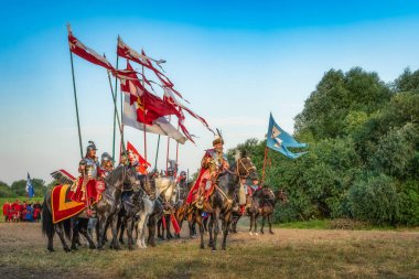 Gniew, Poland, Aug 2020 Hussars holding long lances with pendants, Polish heavy cavalry, historical reenactment, Battle of Gniew, Polish Swedish war clipart