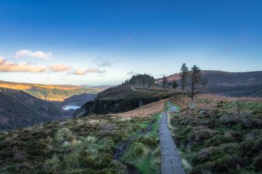 Dağın tepesindeki tahta kaldırımda Glendalough gölleri ve ormanı manzaralı. Güzel sonbahar Wicklow Dağlarında yürüyüş, İrlanda