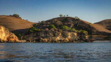 Resmedilmeye değer manzara, kayan tepeleri, yemyeşil suları ve berrak bir gökyüzü altında sakin suları olan sakin bir kıyı manzarasını gösteriyor, manzaraya huzur katıyor, Komodo takımadası, Endonezya
