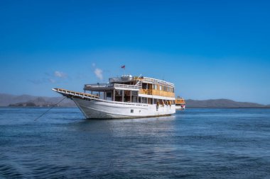 Güzelce işlenmiş beyaz bir tekne, sakin mavi sularda zahmetsizce süzülüyor, berrak, güneşli gökyüzü Komodo, Endonezya 'nın altında neşeli bir macera ve huzur dolu bir rahatlamaya davetiye çıkarıyor.
