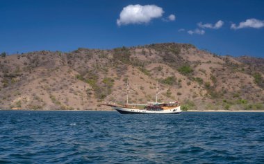 Padar Adası, Komodo, Endonezya 'da berrak mavi gökyüzünün altında sakin sularda manzaralı bir teknenin yer aldığı pitoresk bir kıyı manzarası.