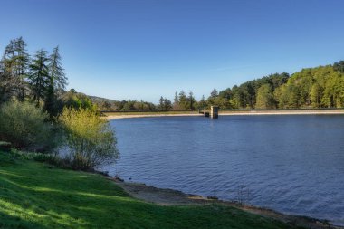 Canlı ağaçlarla ve açık mavi gökyüzüyle çevrili sakin bir göl manzarası doğa meraklıları ve manzara fotoğrafçılığı için mükemmel, Bohernabreena Reservoir, Dublin, İrlanda