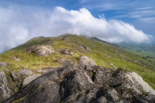 Bu çarpıcı manzara bereketli yeşillik ve kabarık bulutlarla çevrili görkemli Slieve Foye dağının zirvesini gösteriyor. Doğa meraklıları ve manzara severler için mükemmel, Carlingford, İrlanda