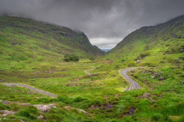 Huzurlu ve pitoresk yeşil bir vadi Dunloe Geçidi 'nin görkemli tepeleri ve bulutlu gökyüzü tarafından kucaklanan dolambaçlı bir yol sergiliyor, doğanın huzurunu kusursuz bir şekilde yansıtan Kerry, İrlanda
