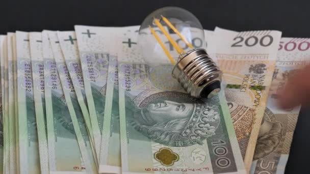 Збереження Енергії Енергія Заощаджує Світлодіодну Лампочку Польська Валюта — стокове відео