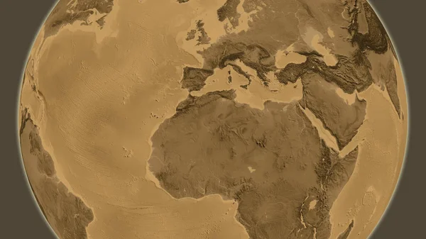 以阿尔及利亚为中心的Sepia高地全球地图 — 图库照片