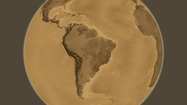以巴西为中心的Sepia海拔高度世界地图 — 图库照片