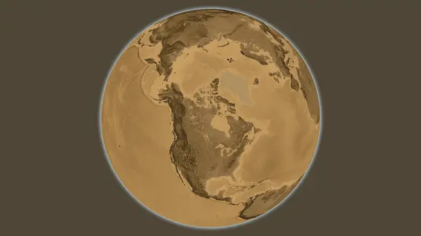 Sepia elevation globe map centered on Canada
