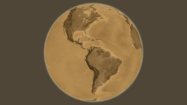 Sepia elevation globe map centered on Colombia