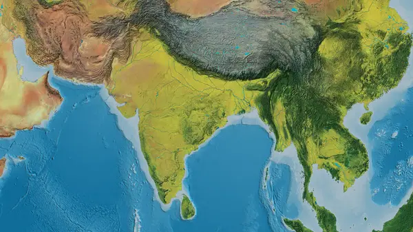 以印度为中心的地形图的特写 — 图库照片