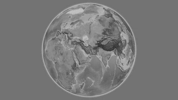 Grayscale globe map centered on Iran