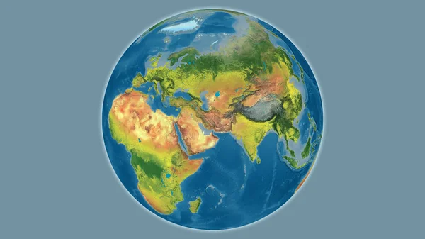 Topographic globe map centered on Iran