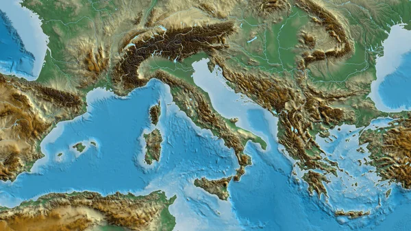 Close Arelief Map Centered Italy — Stock Photo, Image