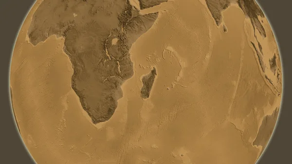 以马达加斯加为中心的Sepia海拔高度世界地图 — 图库照片